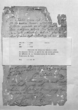 Petición de Catalina Cañete a José de Cáceres Patiño su parte de las siete piezas de esclavos de la Testamentaria de su madre Francisca de Vera.