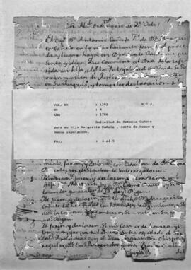 Solicitud de Antonio Cañete para su hija Margarita Cañete, carta de honor y buena reputación.