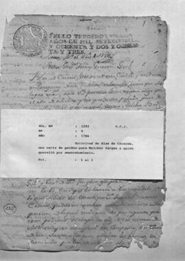 Solicitud de Blás de Cáceres, una carta de perdón  para Melchor de Vargas a quién querelló por amancebamiento.