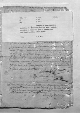 Demanda de Juan Bautista Barreto, del Tesoro Oficial Real, cedido en cobro al tesorero por el Presbítero Juan José Benítez sobre deuda.