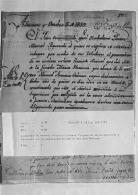 Libertad de Manuel Antonio Colmán, fragmento de su proceso y denuncia de la desaparición de su esclavo Pascual. (Carapeguá.