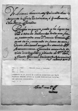 Fragmento de un juicio de divorció presentado por Maria Ascencia Cáceres contra su esposo Buenaventura González por servicio intolerable.