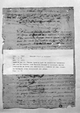 Demanda del Dr. Marcos Ignacio Quin de Valdovinos apoderado del Capitán De Urbanos José Mariano Careaga a Francisco Aquino, Comandante de Armas por destituirlo y nombrar al Cap. Vicente Paniagua pide restitución del cargo.