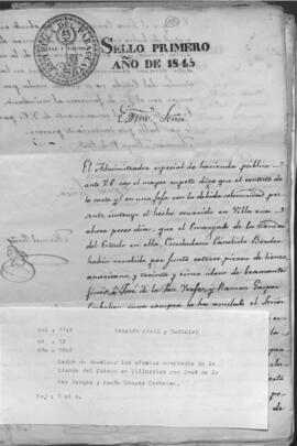Orden de devolver los objetos comprados de la tienda del estado en Villarrica por José de la Paz de Berges y Ramón Gaspar Corbalàn.