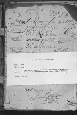 Cuentas y comprobantes de 12794 pesos enterado por Vicente de Goitia a la Manuel Miguel Domeeg.