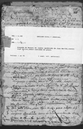 Demanda de Manuel de Ibáñez apoderado de Juan Mariño, contra José Gallen, sobre cantidad de pesos (continuación del Vol. anterior)