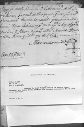 Demanda de José Mongelos, contra la mulata Juana Iriarte, por haber hecho derribar sus paredes interiores de la casa en su ausencia.