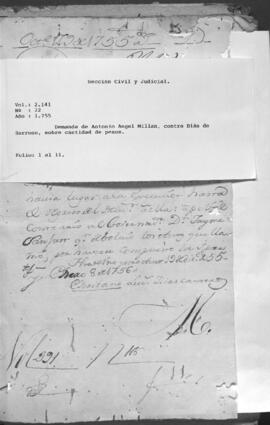 Demanda de Antonio Angel Millán, contra Blas de Barroso sobre cantidad de pesos.