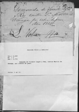 Demanda de Vicente Lagle y Rey contra Martín de Azuaga, por cobro de pesos.