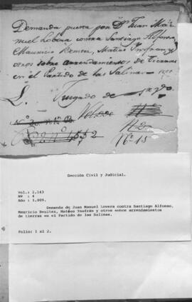 Demanda de Juan Manuel Lovera contra Santiago Alfonso, Mauricio Benítez, Matías Insfrán y otros sobre arrendamientos de tierras en el Partido de Salinas.