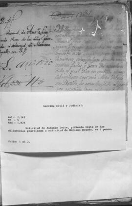 Solicitud de Antonio Leite, pidiendo vista de las diligencias practicadas a la solicitud de Mariano Bogado, en 2 pesos.