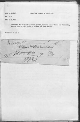 Demanda de Juan de Lacoizqueta, contra Luis Núñez de Miranda, sobre 230 A. De Yerba y flete de 100 mulas.