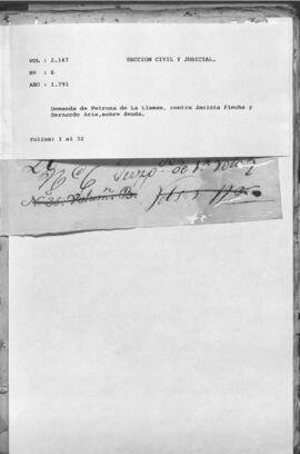 Demanda de Petrona de la Llama contra Jacinta Flecha y Bernardo Arís, sobre deuda.