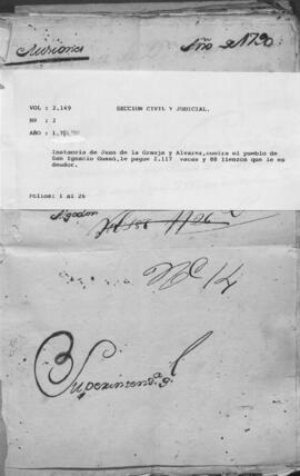 Instancia de Juan de la Granja y Alvarez, contra el pueblo de San Ignacio Guazú, para que le pague sus deudas.