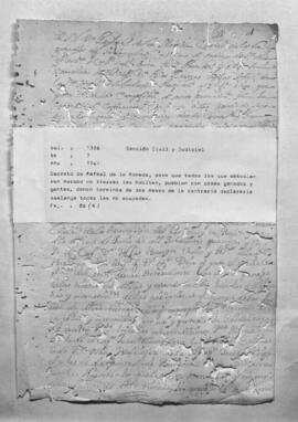 Decreto de Rafael de la Moneda, para que todos los que obtuvieron merced de tierras, las habiliten, pueblen con casas, ganados y gentes, dando término a dos meses de lo contrario realegan todas las no ocupadas