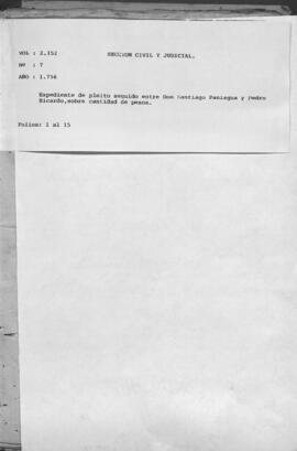 Expediente del pleito seguido entre don Santiago Paniagua y Pedro Ricardo, sobre cantidad de pesos.
