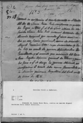 Demanda de Juana Rosa Ruiz, contra su marido Miguel Jerónimo Soto, sobre divorcio.