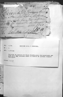 Petición de Ignacia de Rojas Aranda sobre declaraciones que pide para dar informes sobre la muerte de Lorenzo Joaquín  Domínguez.