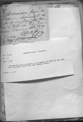 Informacion para reconocer un documento de deuda de don Juan de la Concha a favor de José Vásquez Romero .