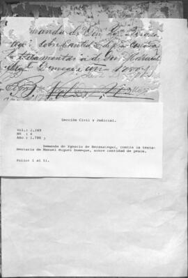 Demanda de Ignacio de Berasatégui, contra la testamentaria de Manuel Miguel Domeque, sobre cantidad de pesos. Asunción.-